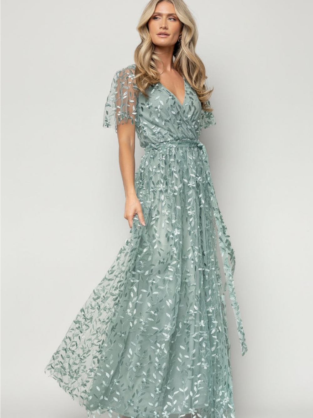 Baltic Born Sage Green Embroidered Wrap Maxi Dress